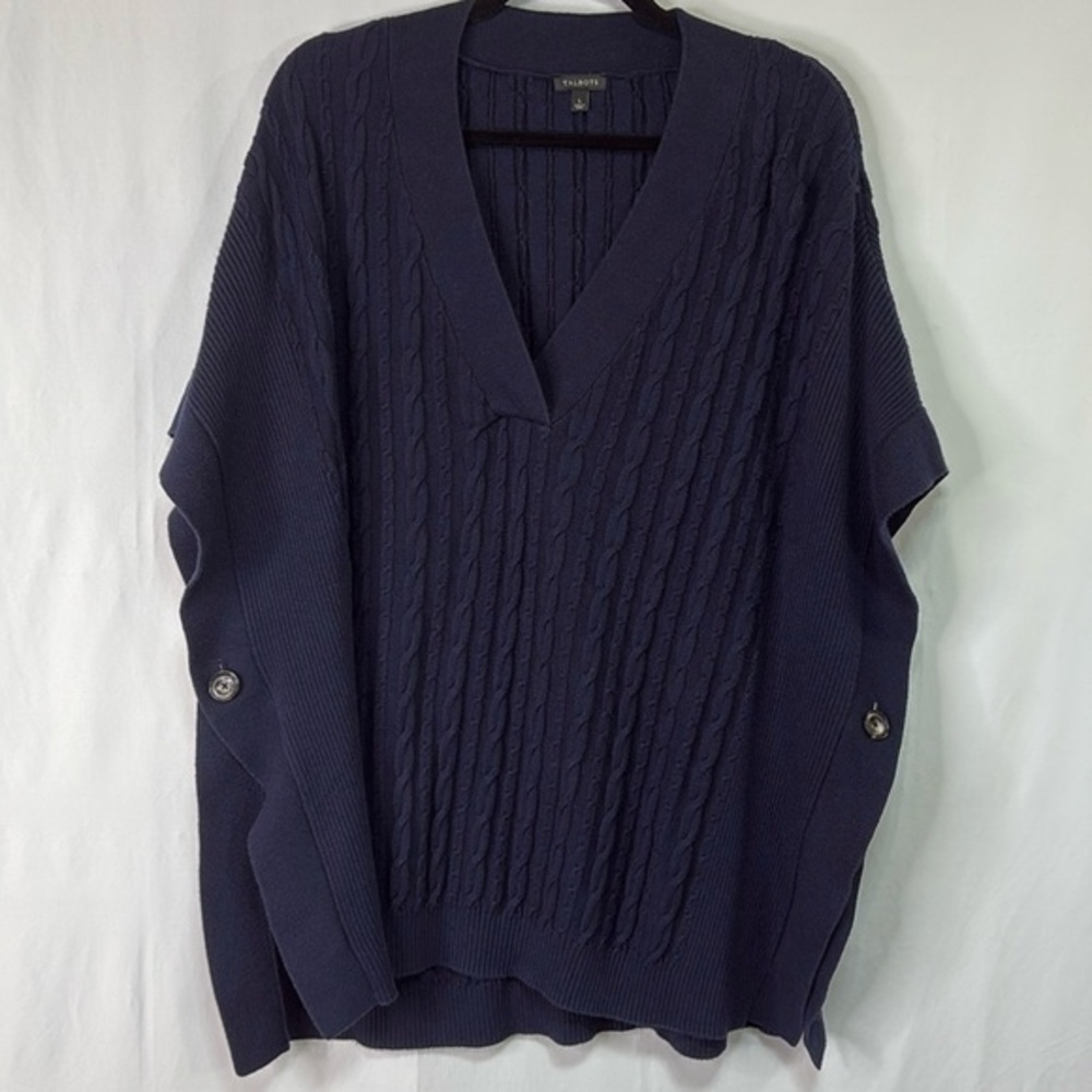 👛 Talbots, navy blue cotton spandex, cabled V-neck Shaw cape